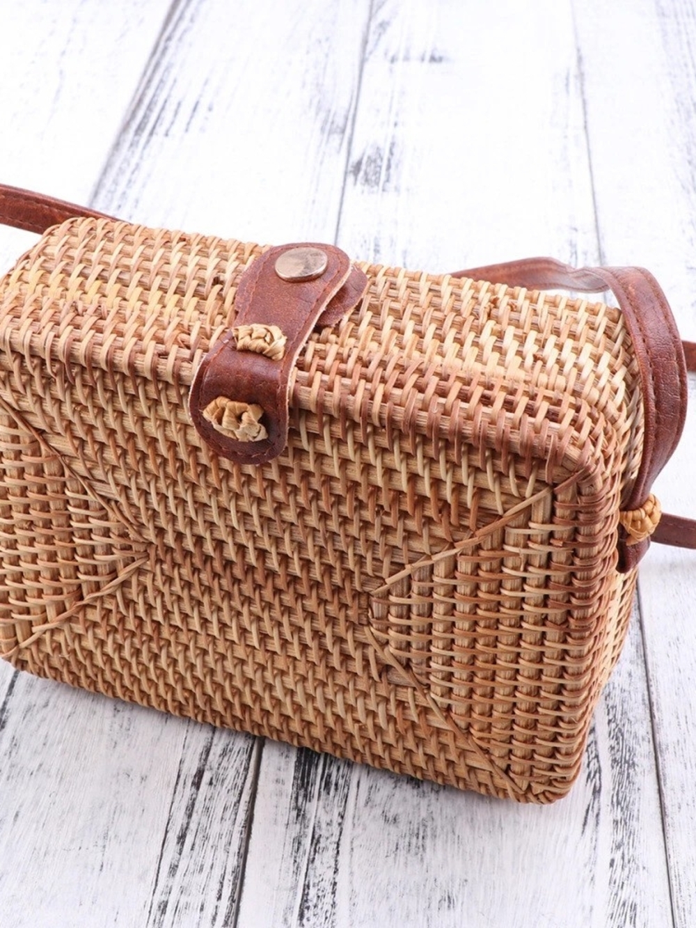 Handwoven Rattan Crossbody Bag with Brown Leather Accents